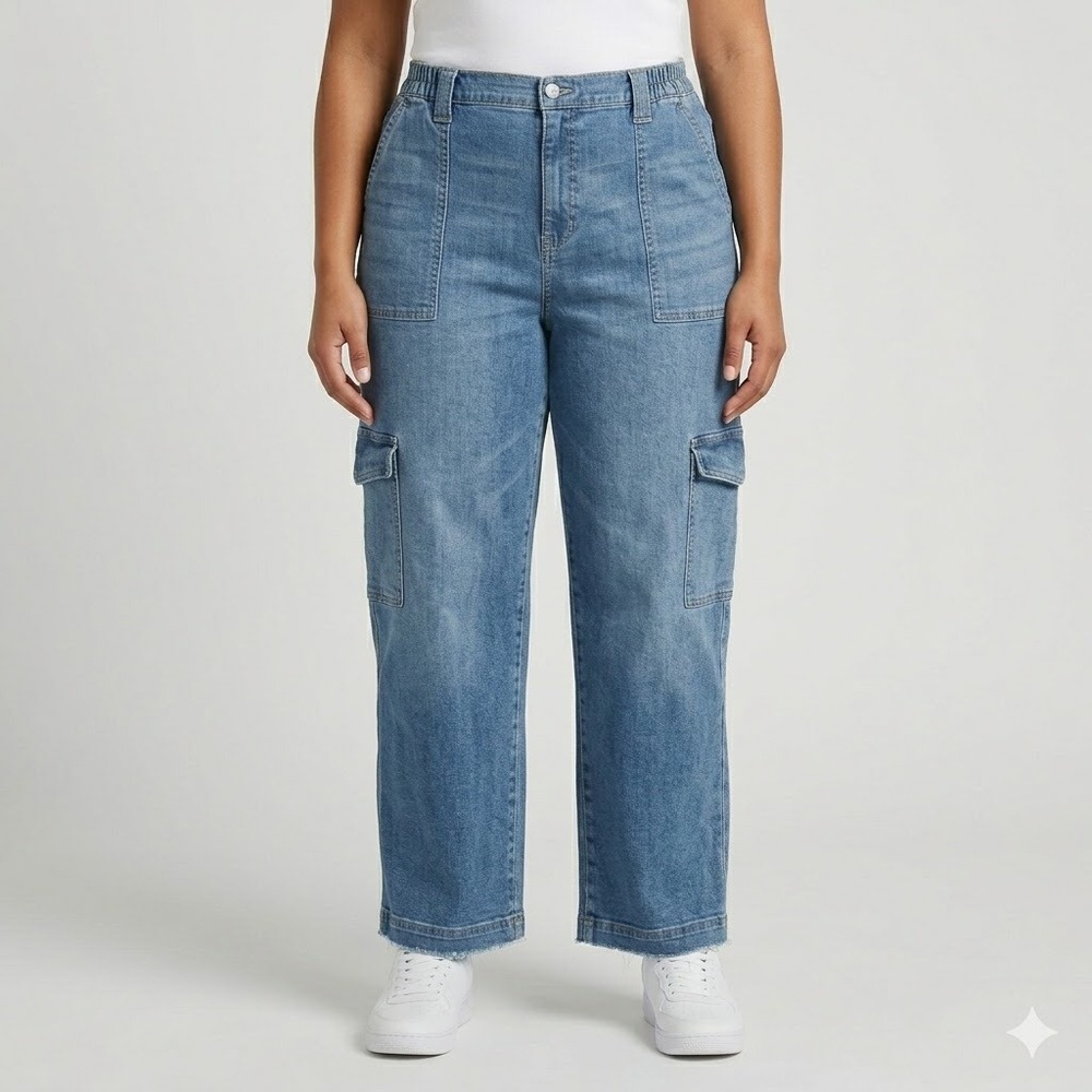Almost Famous Cargo Jeans Wide Leg Elastic Waist Plus Size 2X Blue Denim